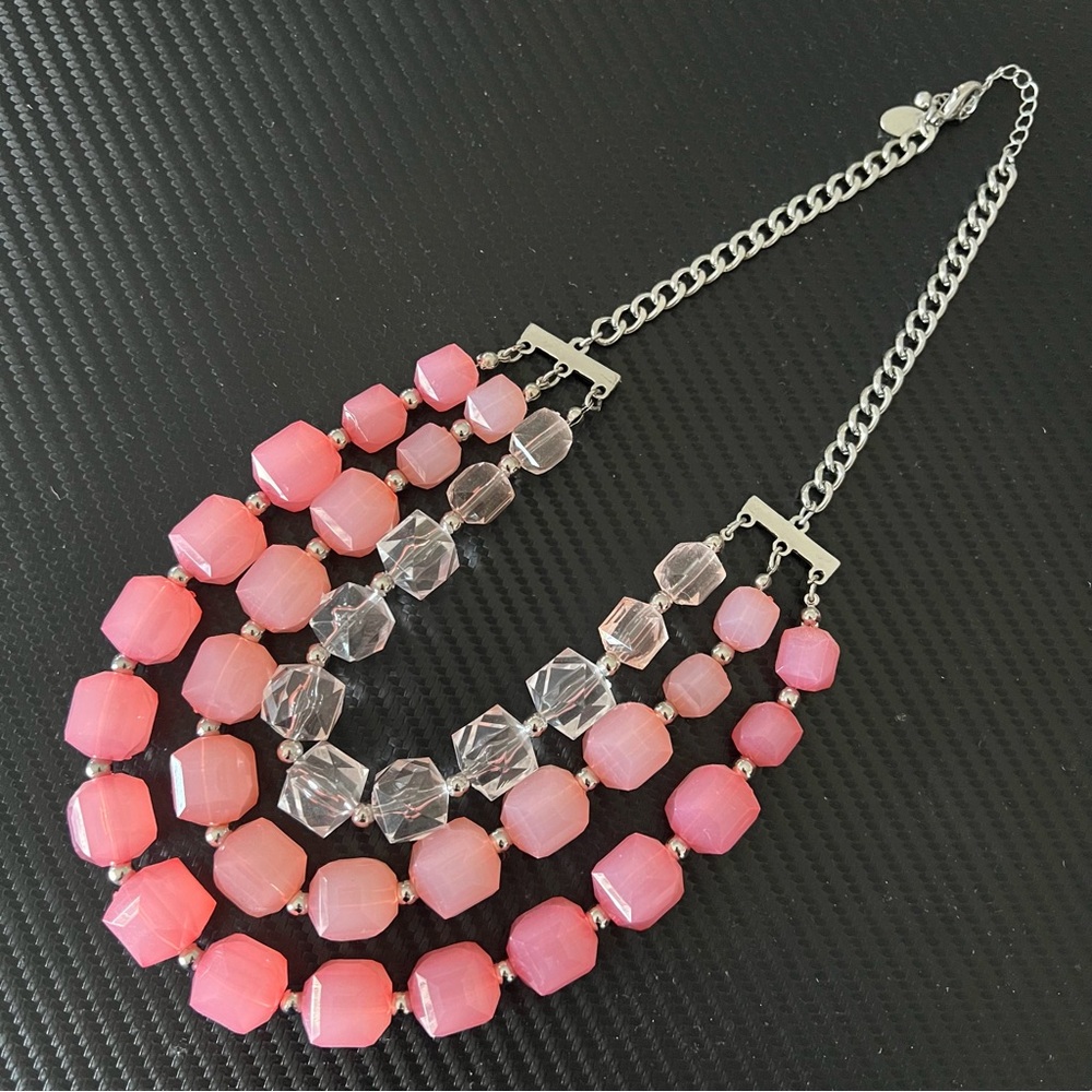 Charming Charlie Necklace Multi-Row Pink Beaded Statement Silver Tone